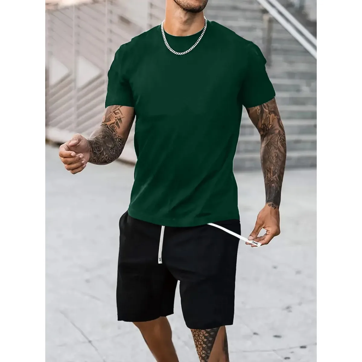 طقم تي شيرت رجالي كاجوال برقبة دائرية، طقم تي شيرت صيفي أنيق من مزيج القطن بأكمام قصيرة للاستخدام اليومي