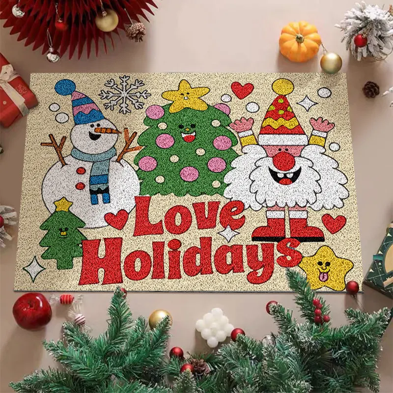 Christmas PVC Wire Loop Coil Doormat Anti Slip Dirt Trapping Easy Clean Entryway Rug for Front Door Christmas Home Decor