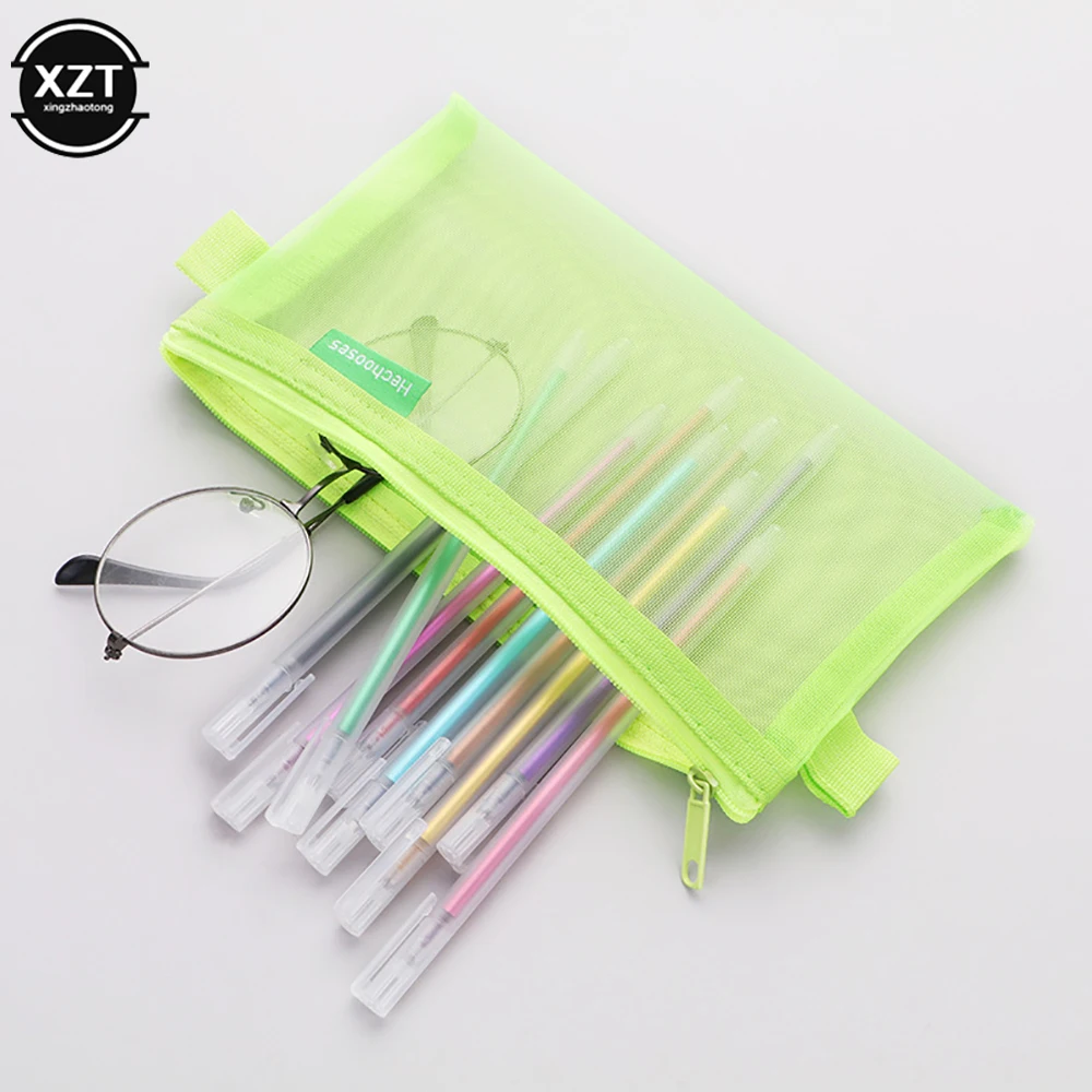 Sac à crayons portable en maille transparente, carré et narmignon, sac en poudre pour stylo, fournitures scolaires et de bureau, étui de papeterie créatif, 1 PC