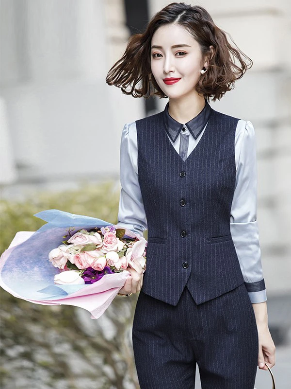 

Женская рабочая одежда, комплект жилета, официальная верхняя одежда в полоску, профессиональный костюм, майка из смеси хлопка и полиэстера