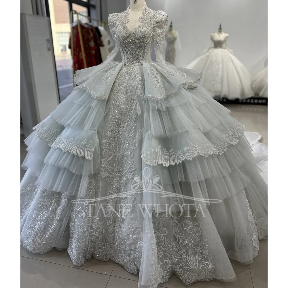 Robe de mariée festonnée à manches longues pour femmes, dos à lacets, perles et paillettes, robe de bal personnalisée, détail trou de serrure