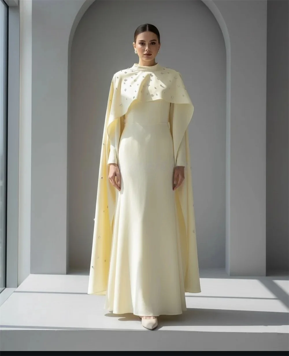 

Yellow Beaded Long Sleeves Bespoke Occasion Gown Evening Dresses Pastrol Unisex Jersey Retro Dubai Saudi Arabic Prom Customized
