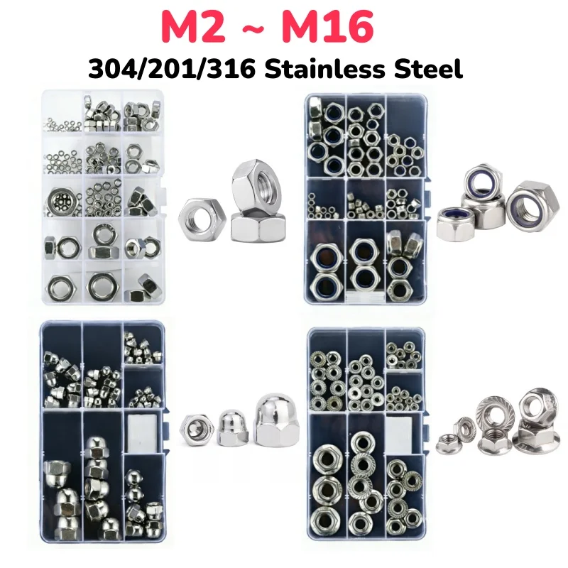M2 ~ M16 304/201/316 Stainless Steel Hex Hexagon/nylon Lock/cap/ Flange Nuts Various Nut Sets Kit Box