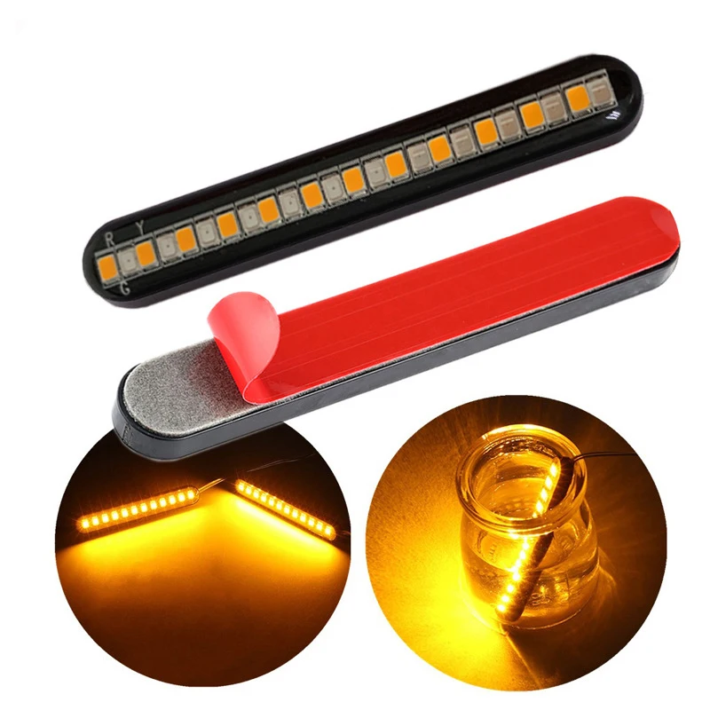 2Pcs Motorcycle Turn Signal Light Bar Flowing Water License Plate Light Dual Color LED Rear Brake 24LED Stop Lamp Tail Indicator