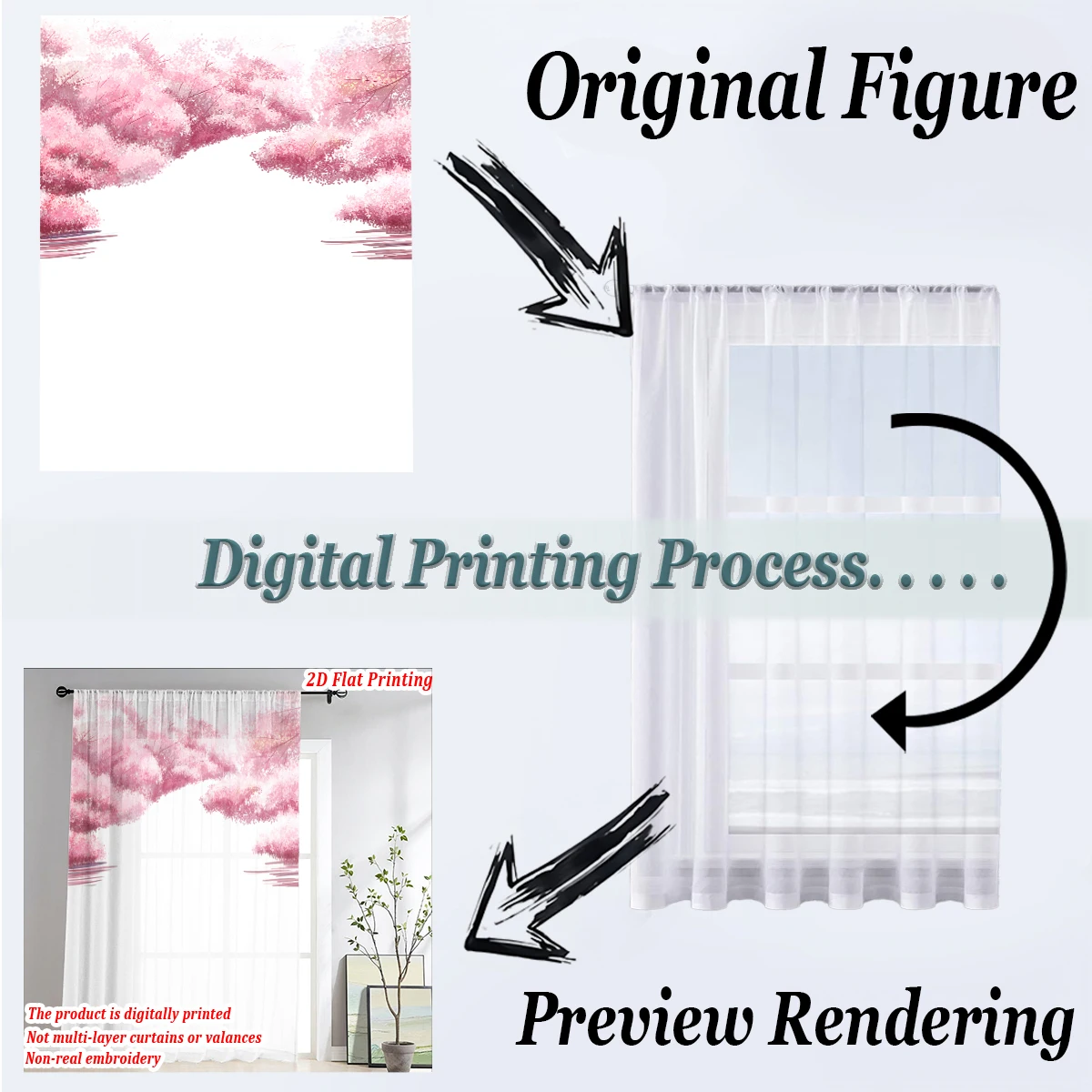 ستارة شفافة بطباعة مسطحة من أزهار الكرز الوردي، قماش خفيف، لغرفة المعيشة وغرفة النوم وديكور المنزل والنافذة