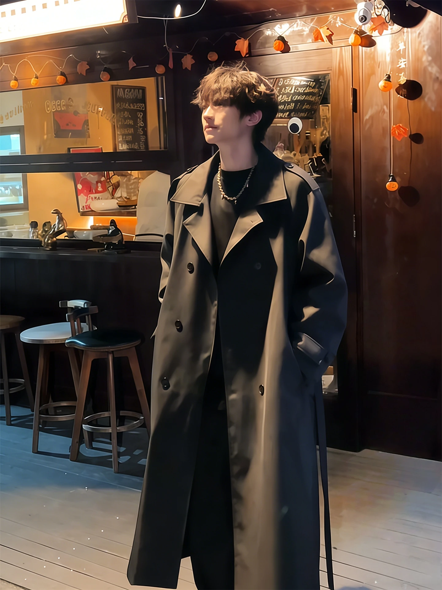 

Корейское двурядное мужское пальто на пуговицах длиной выше колена, свободное пальто Briti Sle, молодежное модное ветровка со стойкой