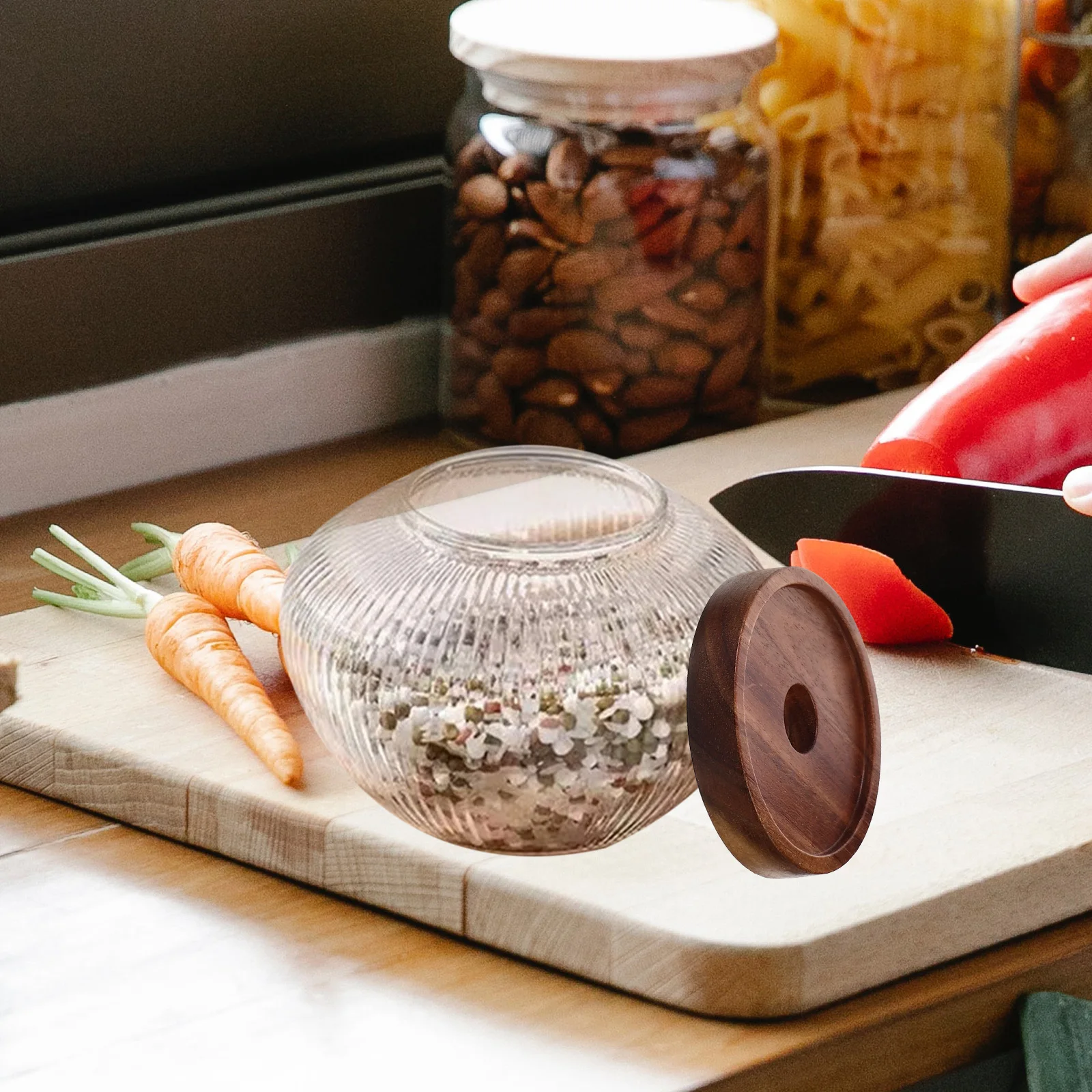

Glass Sealing Jars Storage Containers Wood Lid Airtight Kitchen Canisters Food Grain Snack Tea Coffee Home Durability
