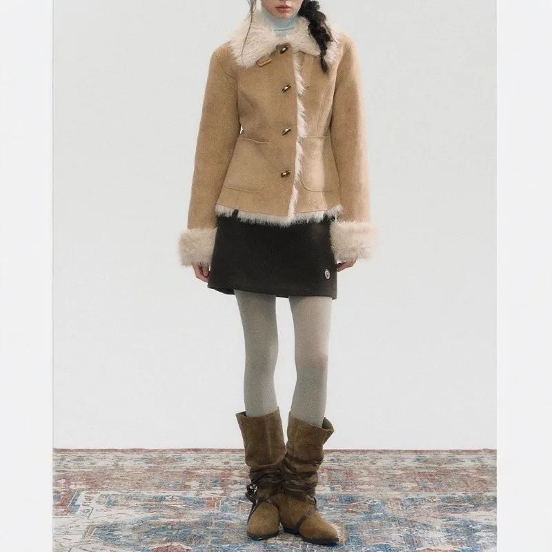 

Коричневая куртка из искусственного меха с лацканами, кожаная и меховая однобортная плюшевая куртка из искусственного лисы, теплая толстая меховая куртка с лисьим воротником, стильная