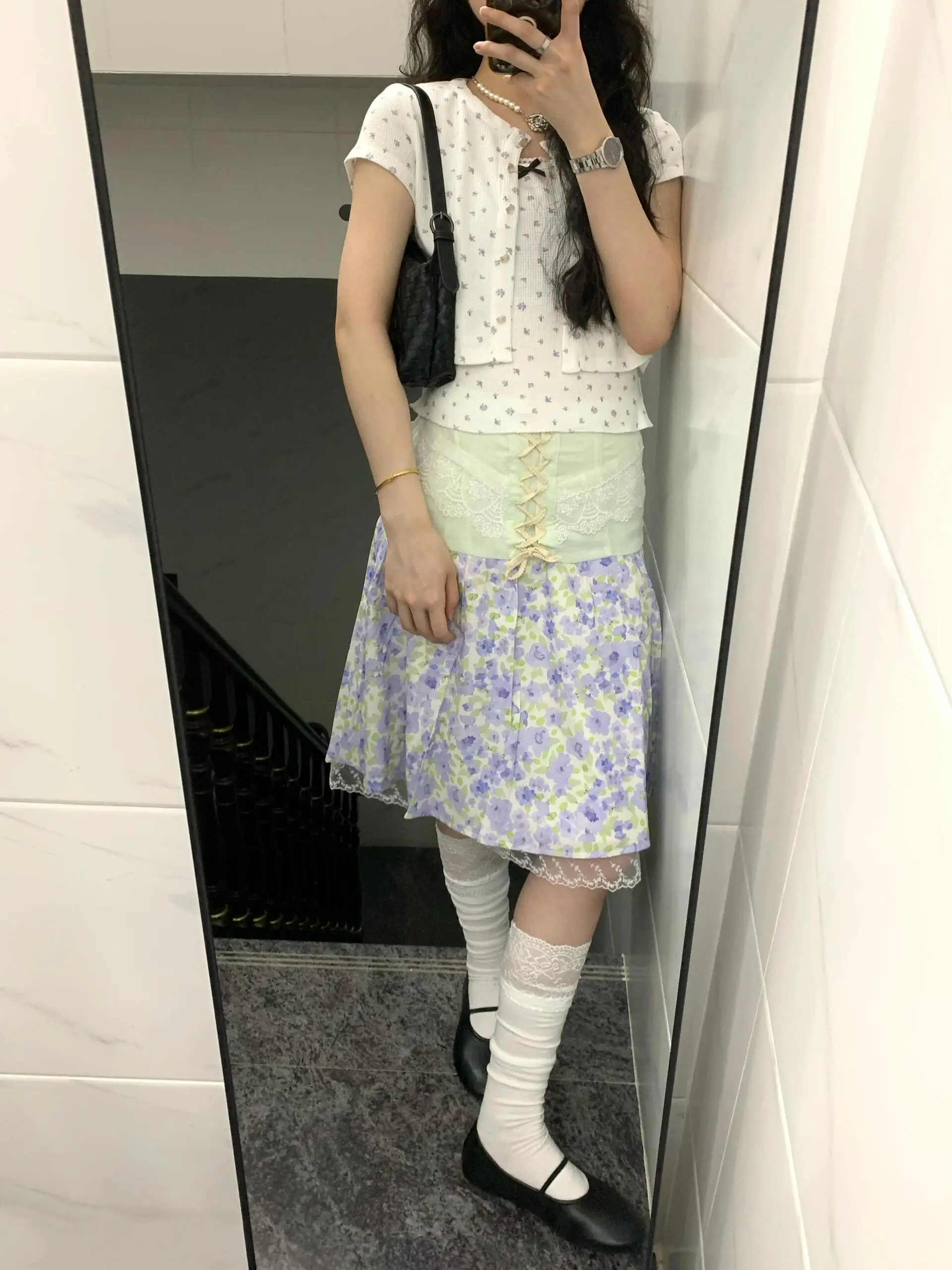 

Retro Countryside Style Purple Floral Half-length Skirt Women's Summer New Sweet Girl Splicing Midi Skirt A-line High Waist