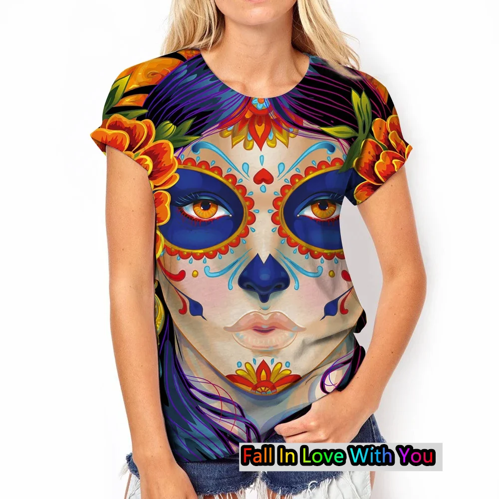 Day of the Dead Dress Up 3D Printed Womens TShirt Fashion Rose Skull Graphic Tee Casual O-Neck Streetwear Oversized Short Sleeve