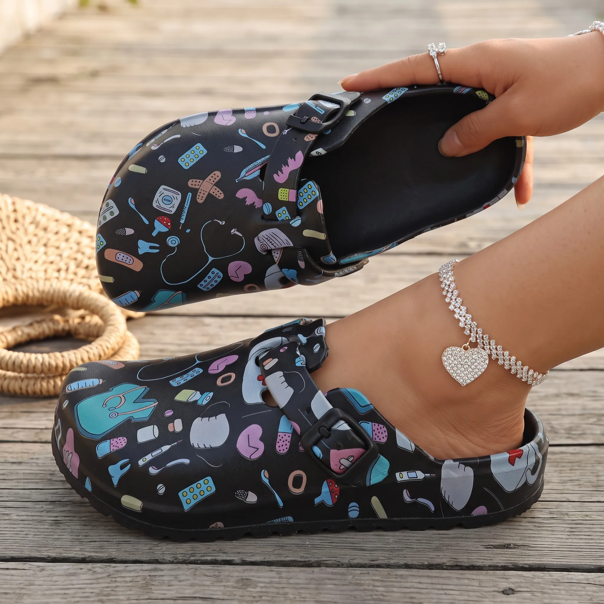 Women's Nursing Clogs Medical Print EVA Lightweight Closed Toe Hospital Clinic Healthcare Work Mules with Adjustable Buckle view 5