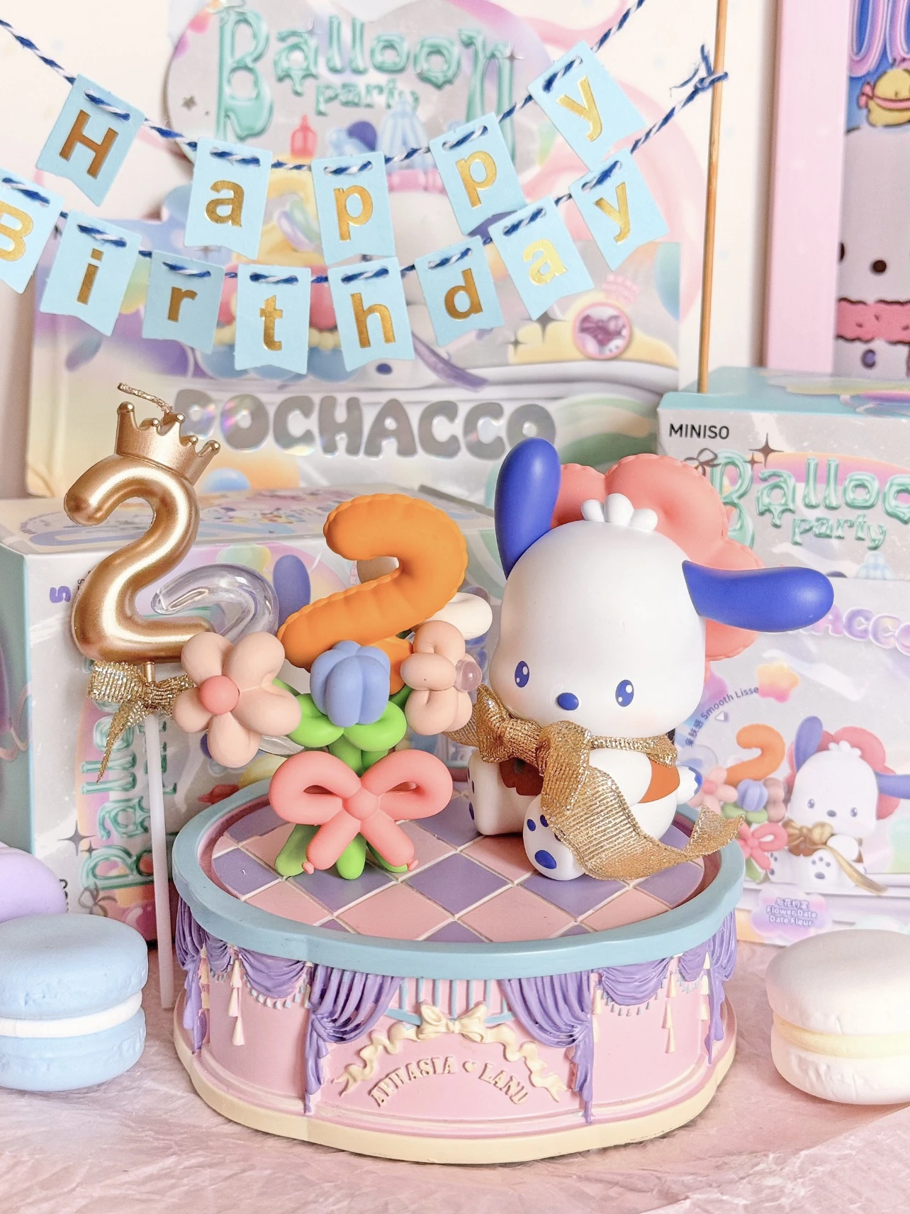 Miniso Sanrio Pochacco Balloon Bash Series Blind Box, Anime de dibujos animados, Decoración de mesa, adorno lindo, regalo para niña, productos genuinos