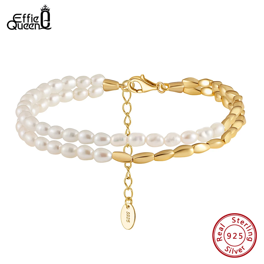 

EFFIE QUEEN 14K Gold 925 Sterling Silver Layered Bracelet with Natural Baroque Pearl for Women Bead Chain Bracelet Jewelry GPB29