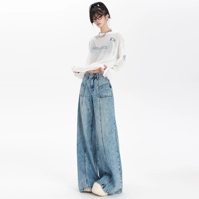 Jean Délavé Vintage à Taille Haute pour Femme, Pantalon Droit Baggy Décontracté, Jambes Larges, en Denim, Nouvelle Collection, 2024, Harajuku