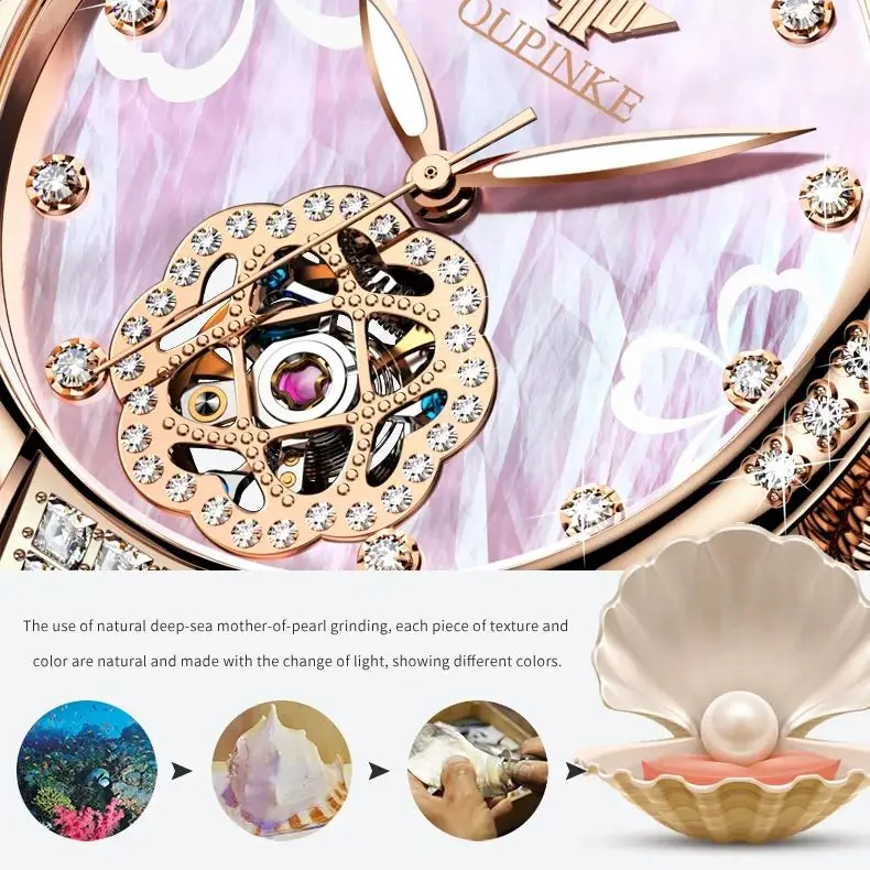 OUPINKE 3183 Women Watch Luxury Hollow Elegant Diamond Rose Gold Ceramic Strap Women All Automatic Mechanical Watch Reloj Mujer
