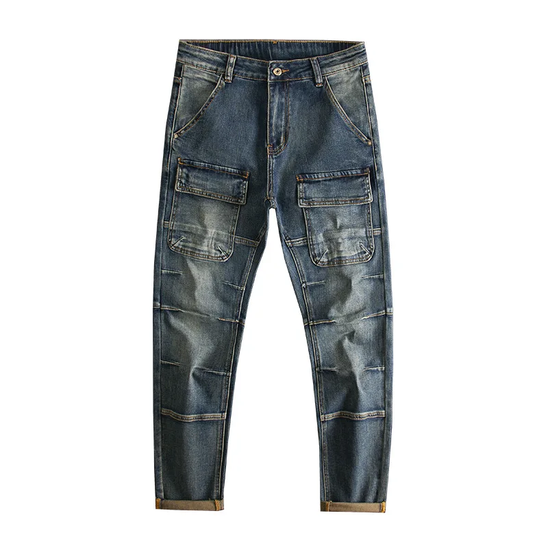 กางเกงยีนส์เย็บปะติดปะต่อสไตล์เรโทรระดับไฮเอนด์สําหรับผู้ชายที่มีกระเป๋าหลายช่อง ผ้ายืดมอเตอร์ไซค์ ทันสมัยและเข้ารูป กางเกงขาเล็ก