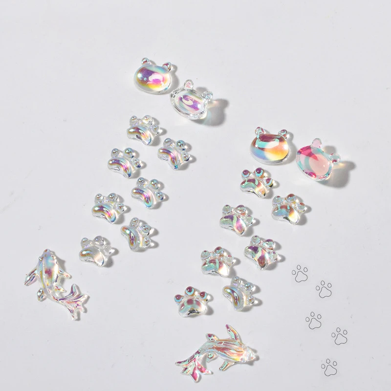 50pcs Lovely Aurora Diamond Nail Charms Magic Transparent Cat Claw Candy Bear Nail Ornaments Resin Aurora AB Nails Accessories