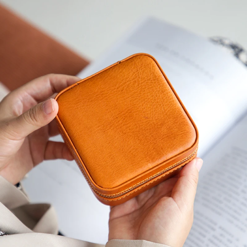 vintage genuine leather women's small jewelry box designer handmade real cow leather female ring earrings necklace storage box