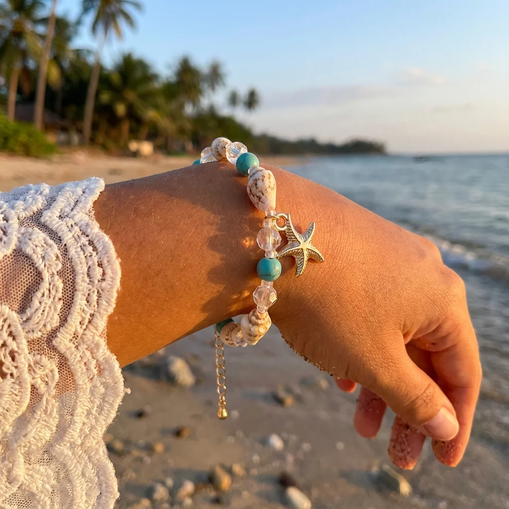 Bracelet Bohème Coquillage Cauris Breloques Étoiles de Mer Adorables Perles de Pierre Bleue Bracelet Élastique pour Femme Bijoux de Plage Estivaux