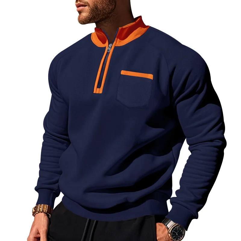 Men-Fleece-Lined-Half-Zip-Sweatshirt-Stand-Collar-Color-Block-Pocket-Pullover-Autumn-Winter-Loose-Casual-Warm-Long-Sleeve-Tops