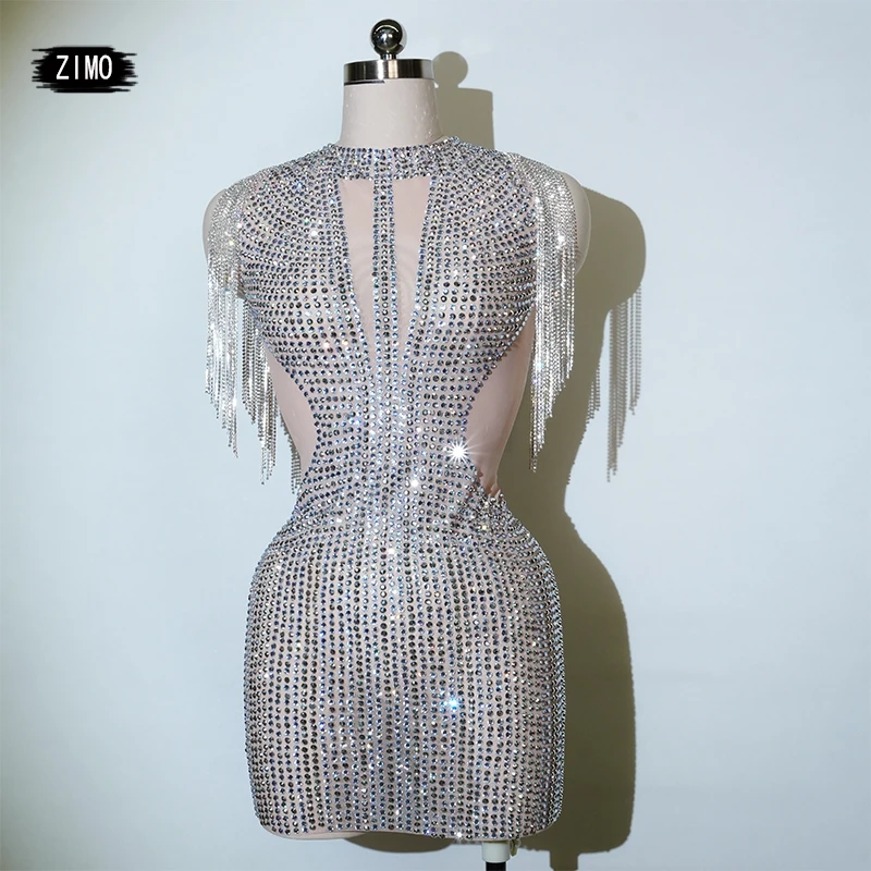 

Silver Rhinestones Fringes Sexy Dress Women Birthday Party Dresses Singer Dancer Stage Performance Outfits Drag Queen Costumes