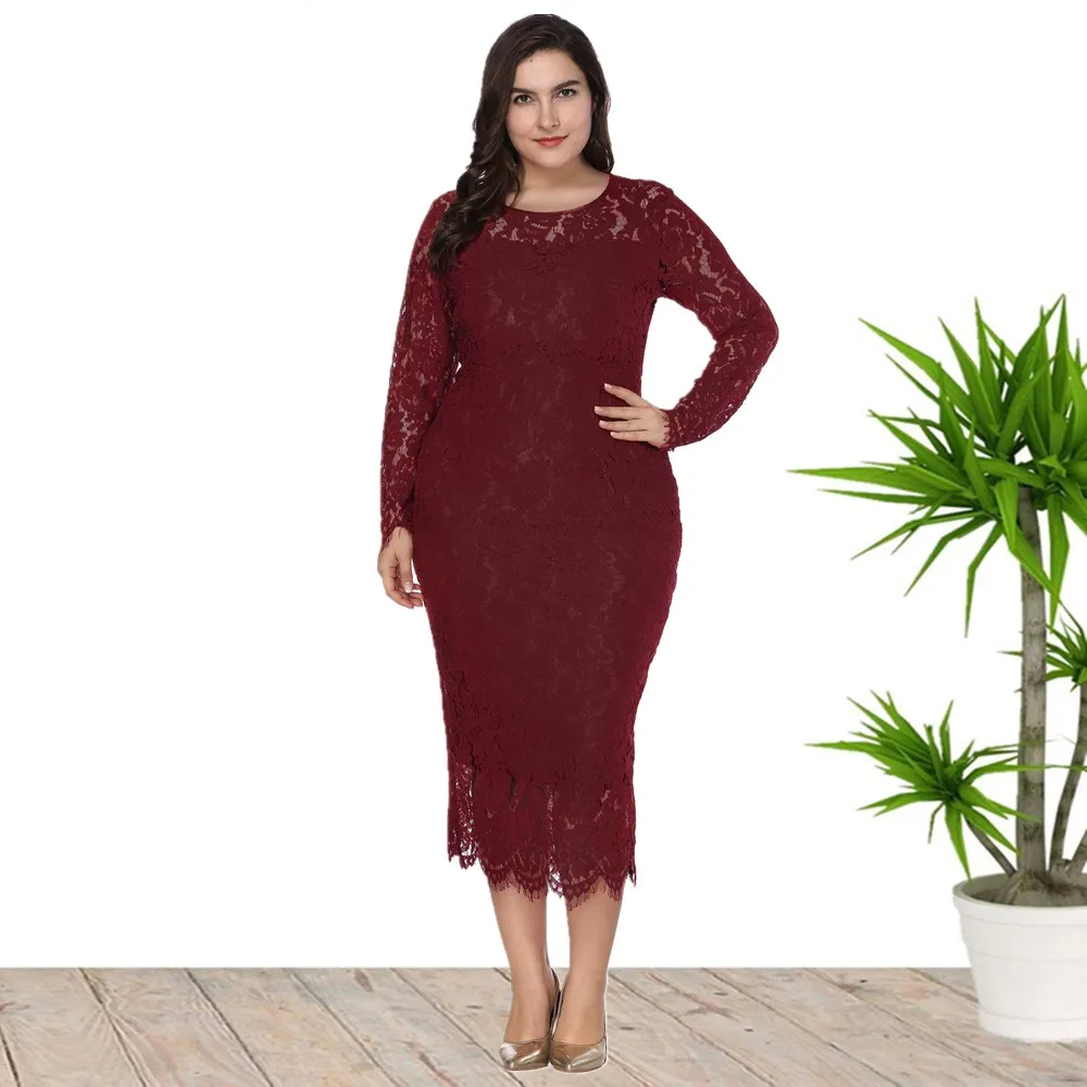 High Quality Fabric Cotton Long Sleeve Plus Size Maxi Party Evening Lace Dress For Elegant Ladies