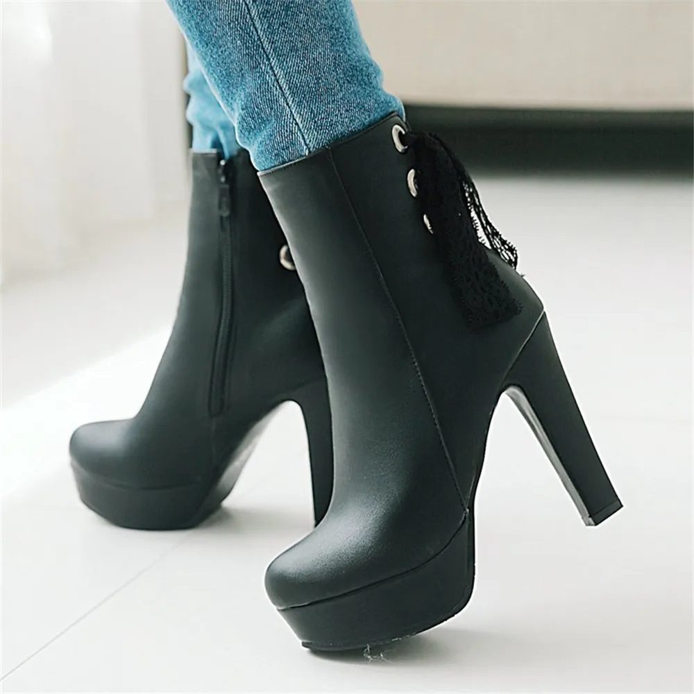 Elegant Short Boats Women Shoes Autumn Winter Women\'s Ankle Boots Platform Sweet Lace Black White Heeled Party Shoes Ladies