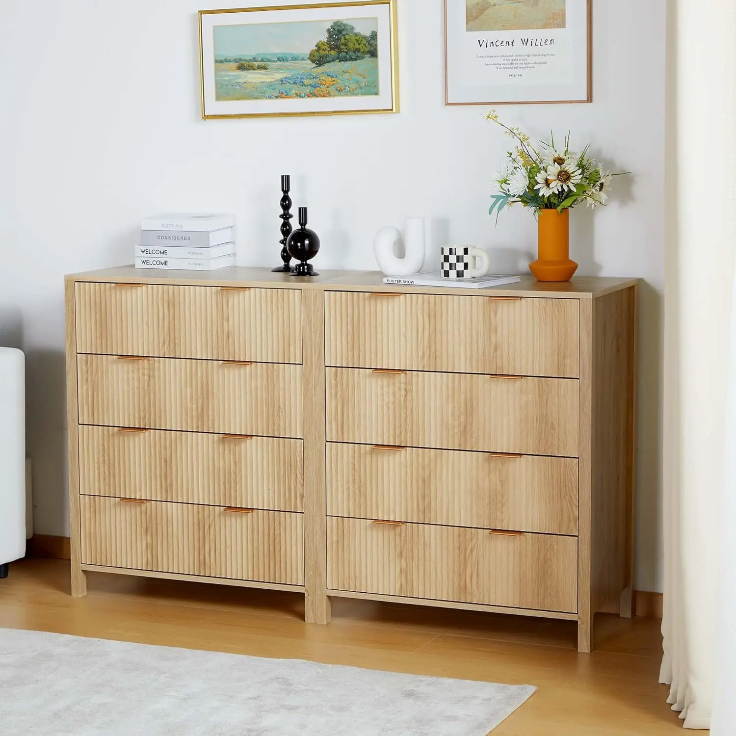 Drawer Double Dressers for Bedroom with Waveform Fluted Panel Design, Wide Chest of Drawers,Wood Storage Dresser Chest of Drawer