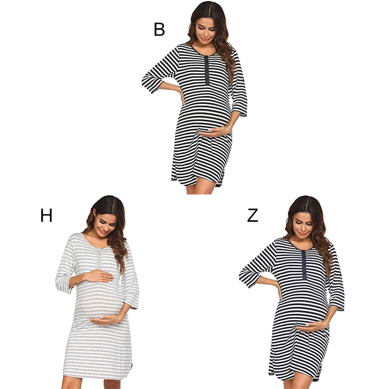 Women\'s Maternity Dress Sleep Nightshirt V-neck Button Collar Nightdress Breastfeeding Sleepwear JKUIHM1