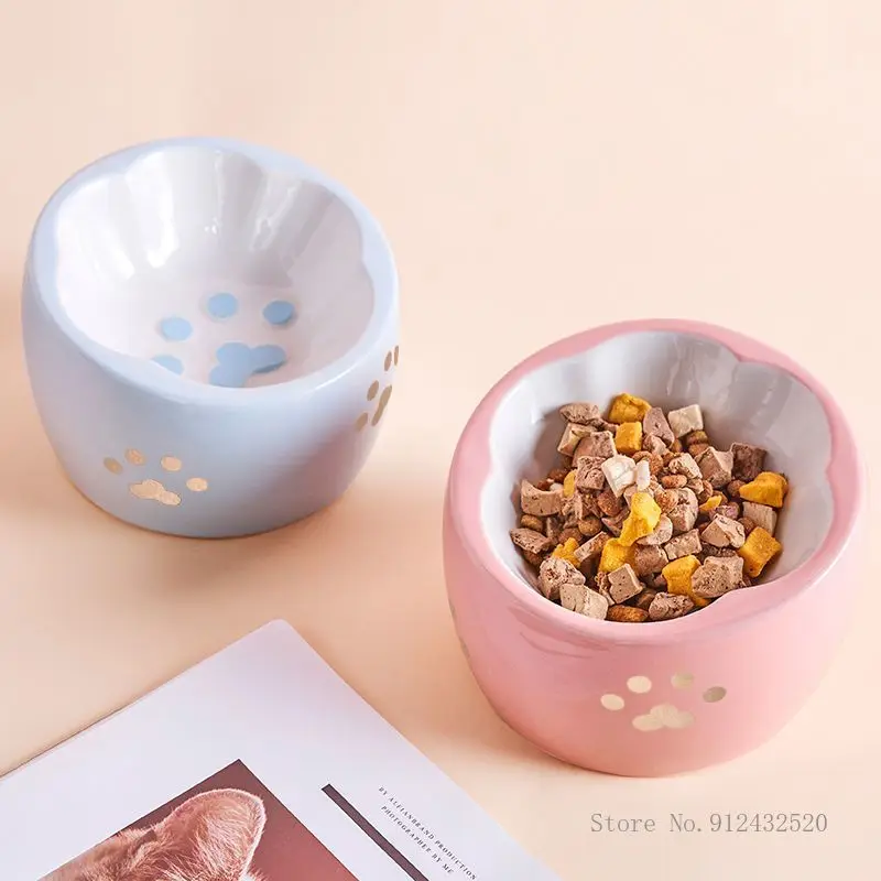 Ceramic drinking bowl with cat claw pattern, cat bowl, slanted flat neck protection, pet tableware, pink, blue, 1 piece