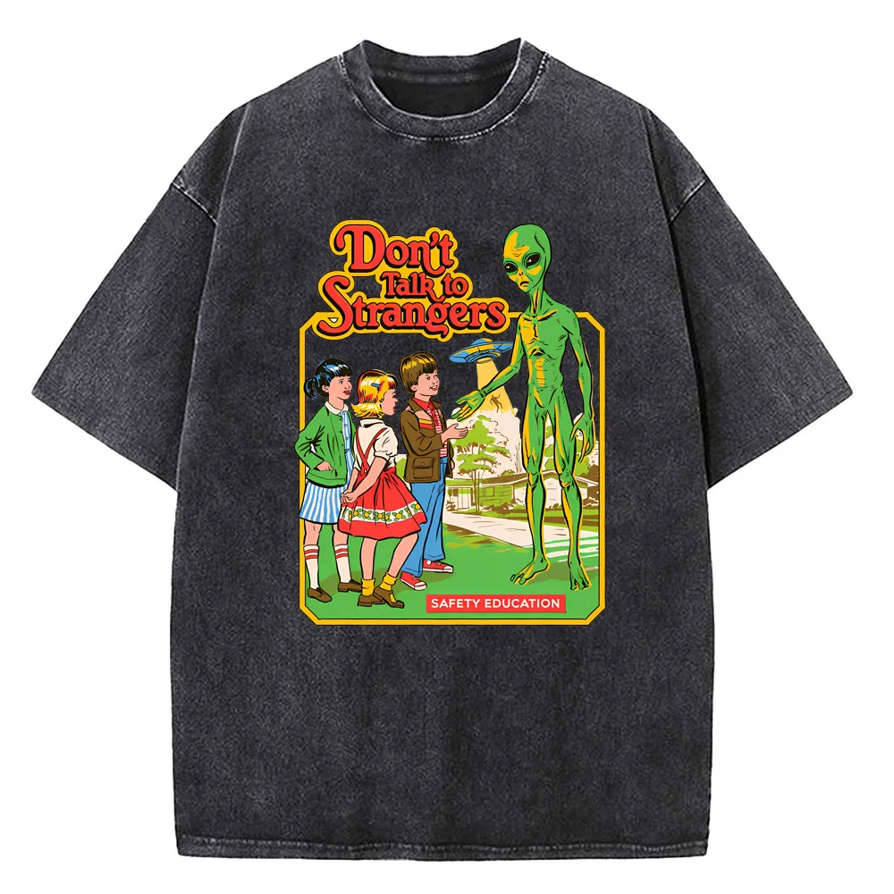 Cartoon Alien Classic Communication Print Men Women T-shirt Breathable Cotton Short Sleeve Washed Vintage T Shirts