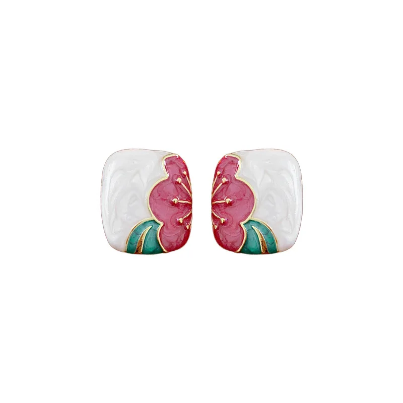 Square Metal Asymmetry Flowers Oil Dripping Earrings European American Style Personalized Fashion Stud Earrings Girls Jewelry