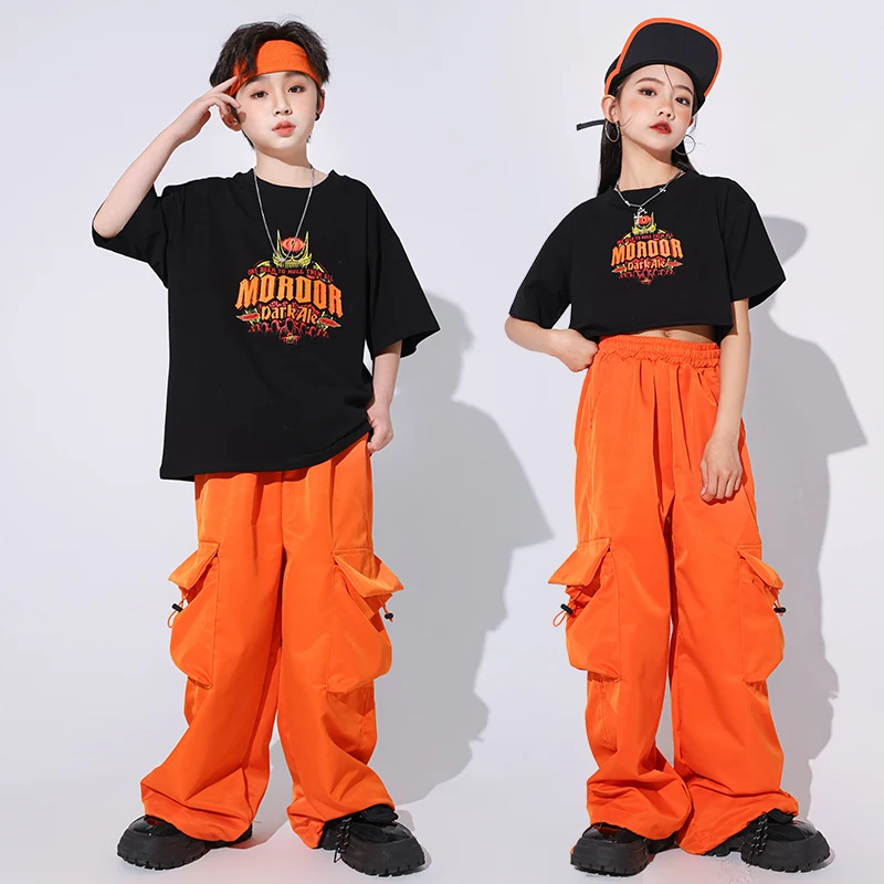 Balzaal Kids Hiphop Kleding Oversized T-Shirt Oranje Casual Cargo Broek Voor Meisjes Jongen Jazz Street Wear Dance Kostuum Kleding