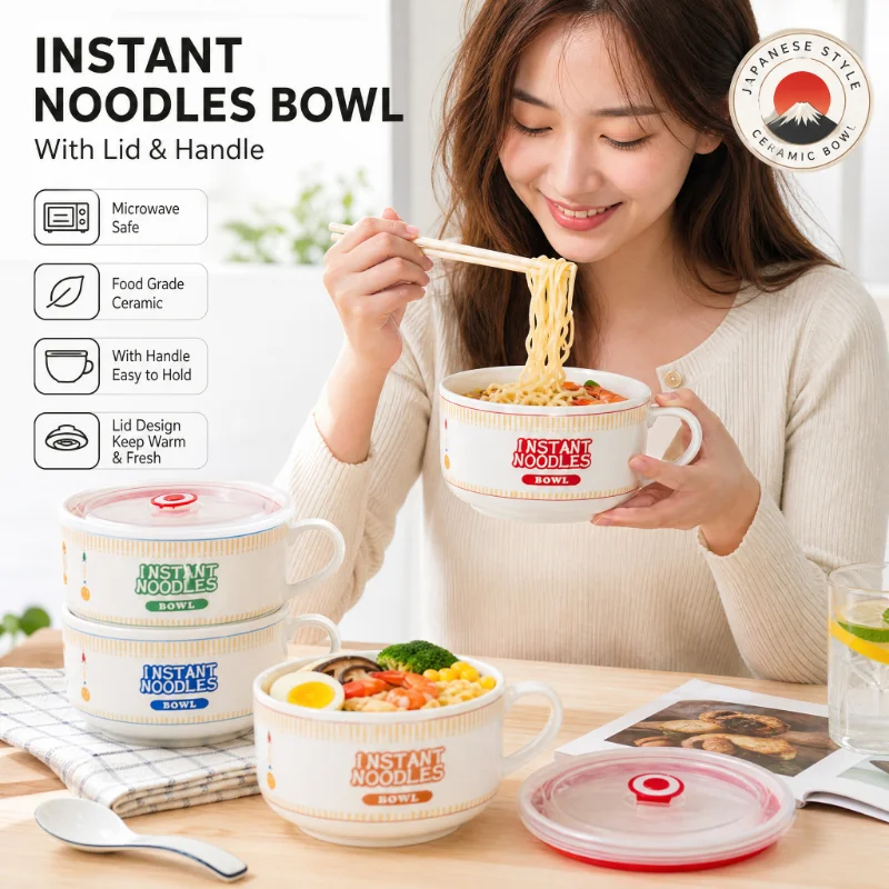 1pc Large Capacity Ceramic Instant Noodle Bowl with Cover，Perfect for Dorms and Home Kitchens - Keep Your Noodles Fresh and Warm