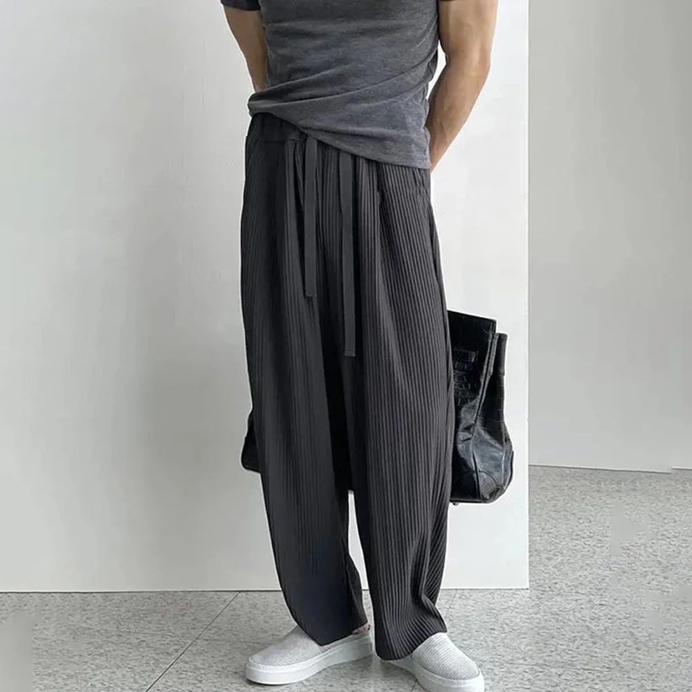 

Mens Striped Pleated Wide Leg Trousers Genderless Trendy Loose High Street Casual Simple Comfortable Solid Color Pants Unisex