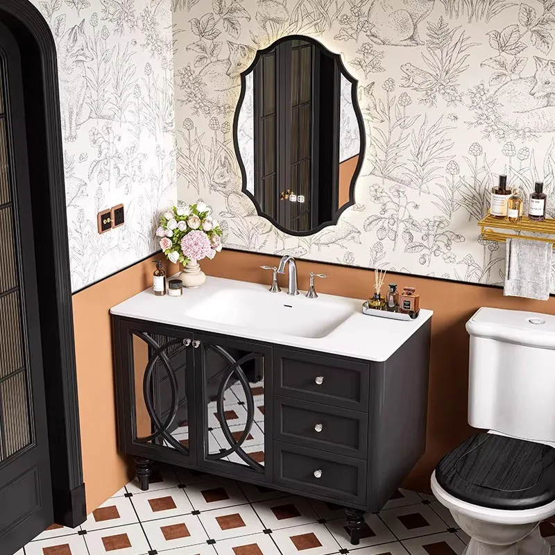 

French retro style floor-to-ceiling bathroom cabinet combination rock slab hot bending basin oak sink