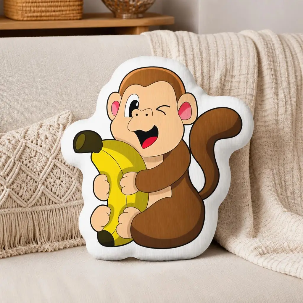 Cute Monkey Banana Shaped Pillow Cartoon Stuffed Cushion Throw Pillow Monkey Lover Gift for Sofa Kids Room Decor Accent