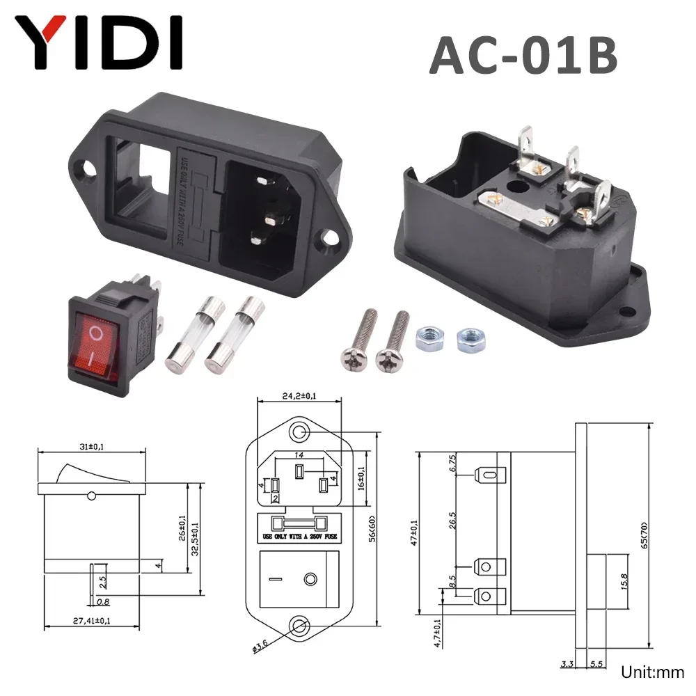5/10 مجموعات IEC320 C13 التيار المتناوب مدخل قابس طاقة المقبس الكهربائية النحاس سلك كابل موصل 10A 250 فولت الأحمر مصباح الروك التبديل مع الصمامات