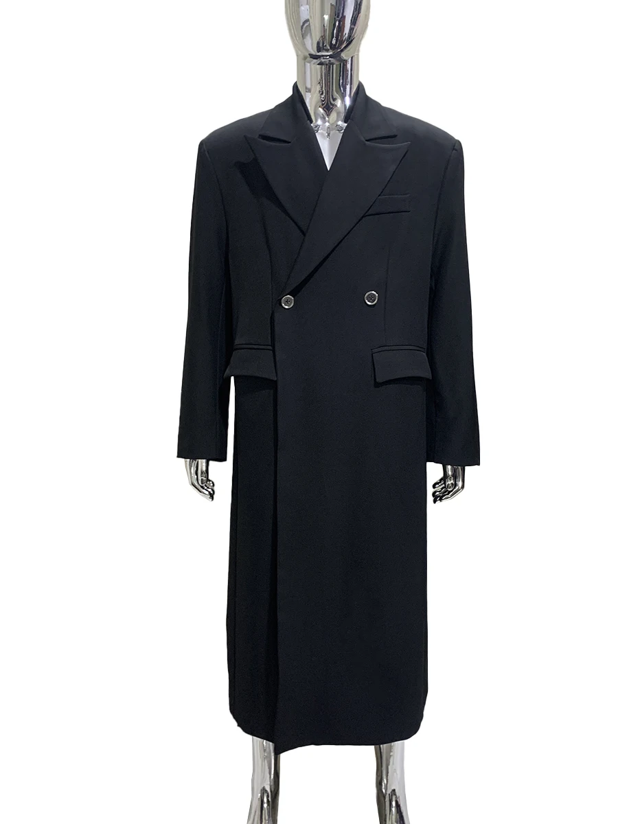 

Весенне-осенний удлиненный черный плащ, мужские подплечники, двубортный свободный шикарный роскошный дизайнерский костюм, пальто 2025