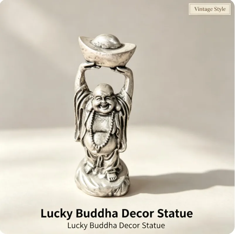 Vintage Lucky Buddha Decorative Figurine Resin Standing Statue Silver Tone Ingot Craft Ornament for Home Desktop Shelf Decor
