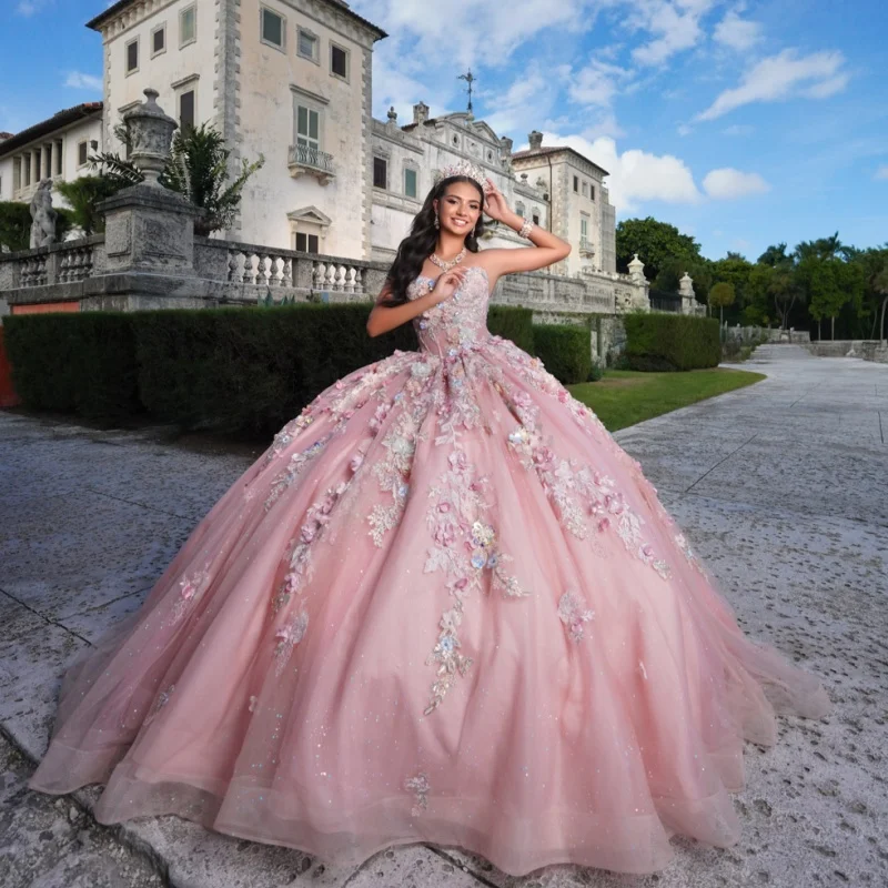 

Shiny Pink Quinceanera Dress Crystal Glitter Decal off-shoulder 3D flower Long tail Vestidos De 15 Quinceanera ﻿Customize