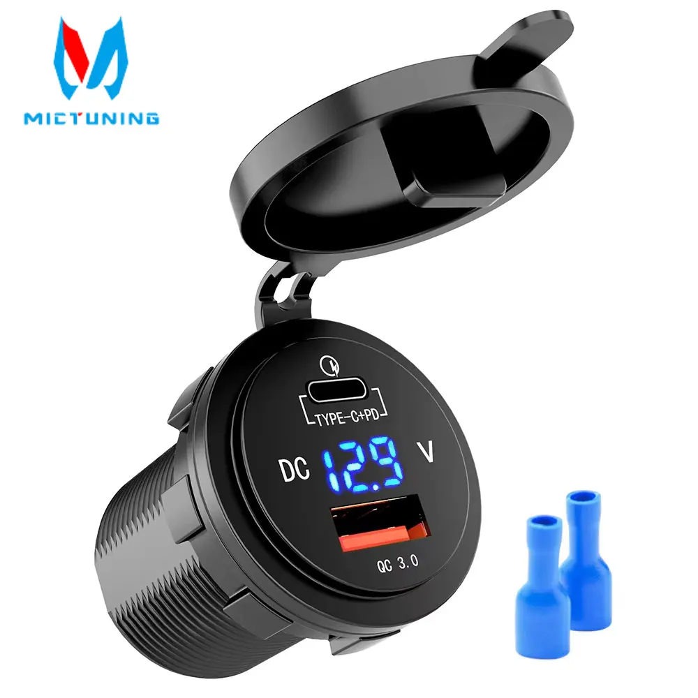 MICTUNING 36W Fast USB-C Car Charger USB Quick Charge PD QC3.0 Type C Socket W/ LED Digital Voltmeter Universal Power Outlet