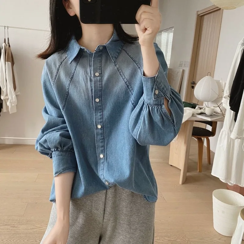 

Women's Spring Autumn Blouse Jacket Denim Shirt Long Sleeve Designed Retro Niche Thin New Fashion Loose Comfortable Brand Simple