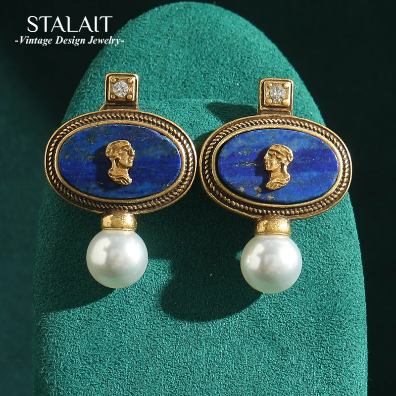 

Antique Lapis Lazuli Pearl Drop Earrings Gold Color Vintage Carving Portraits Oval Luxury Designer Jewelry Women Accessories