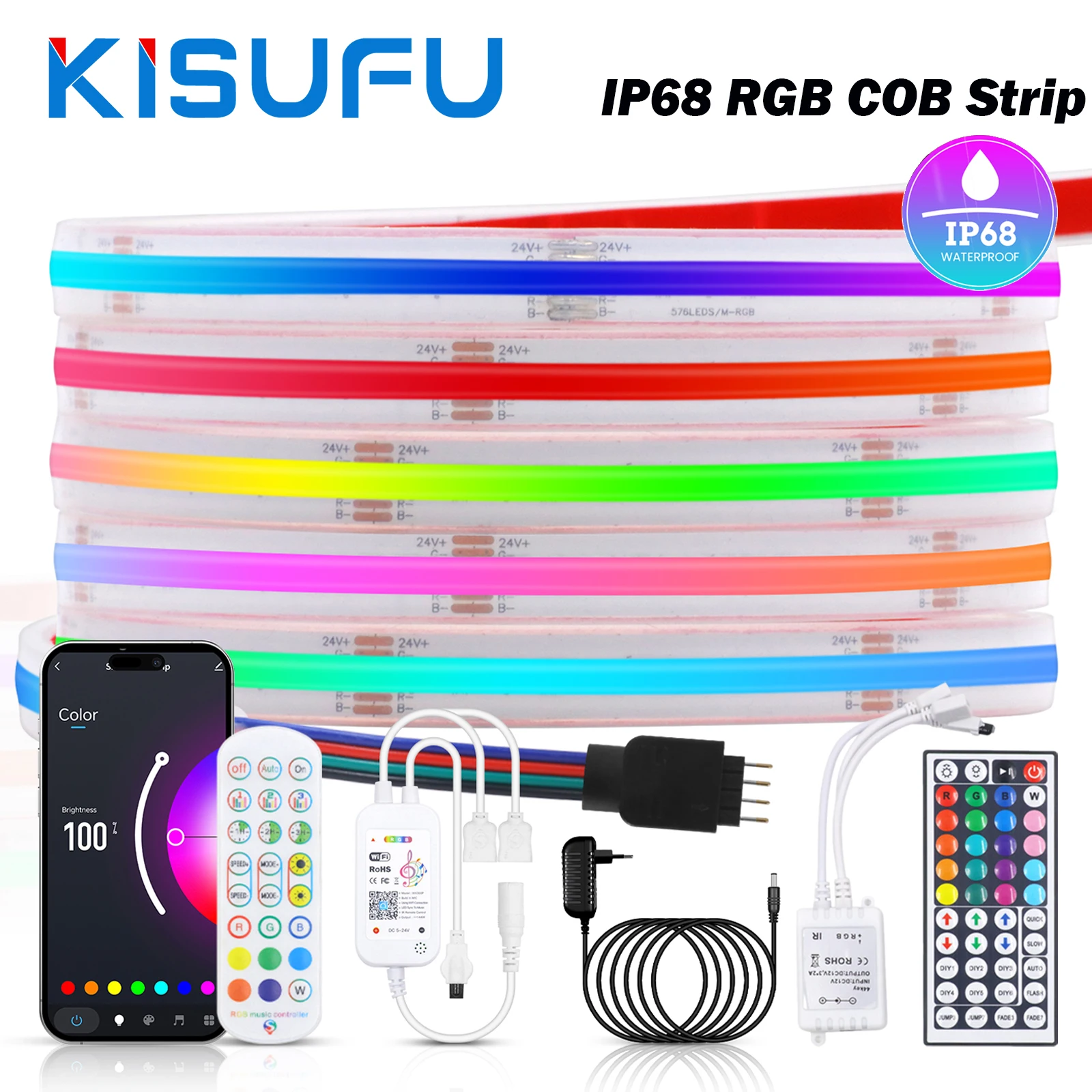

Умная светодиодная лента IP68 RGB COB, водонепроницаемая, 12 В постоянного тока, 24 В, 576 светодиодов/м, Wi-Fi, Bluetooth, 24/44 клавиши, комплект дистанционного управления для ЕС/Великобритании, уличный домашний декор