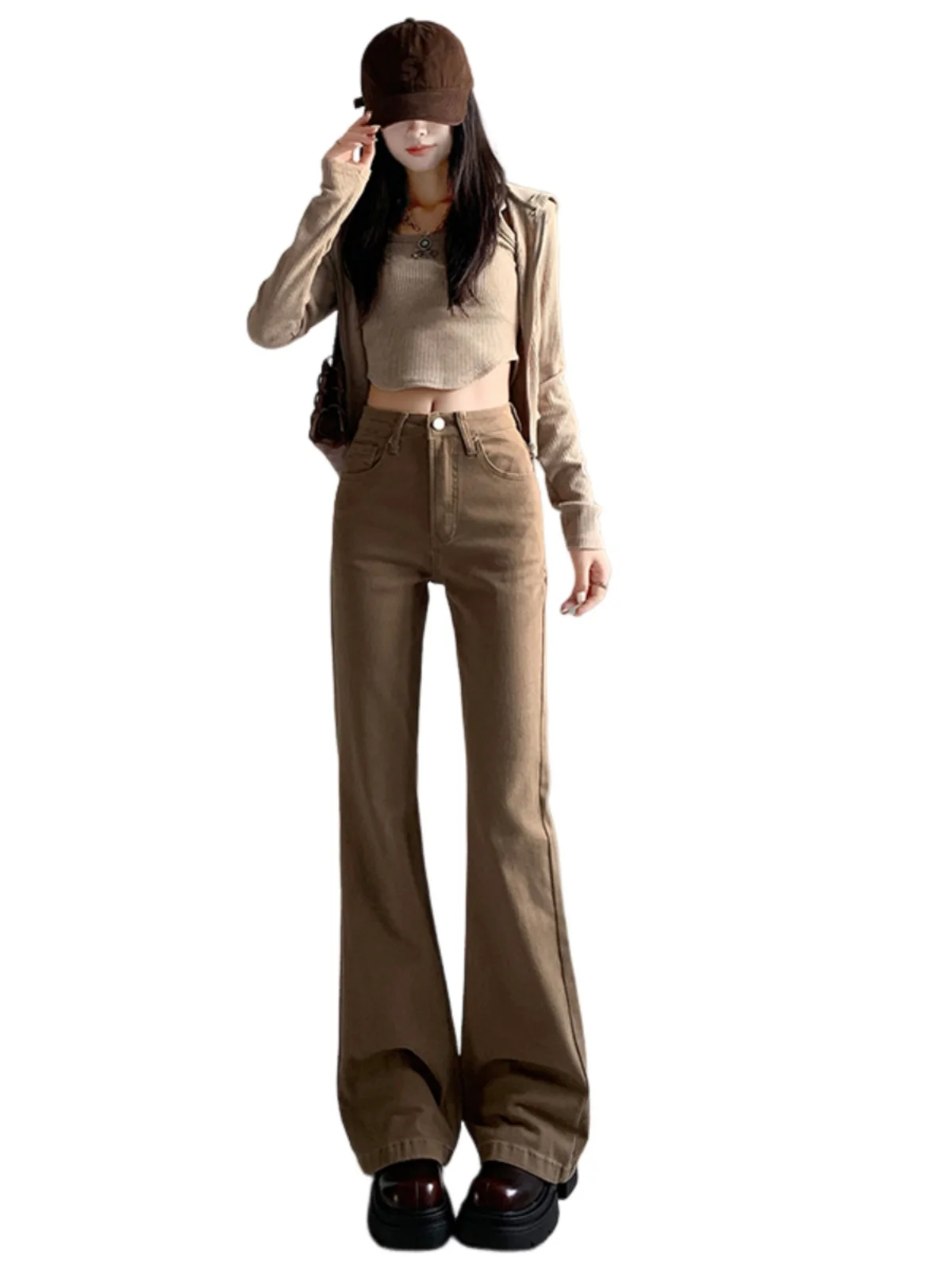 Kaki uitlopende jeans dames hoge taille broek met rechte pijpen Amerikaanse Sle herfst nieuwe collectie afslankbroek voor ort vrouwen