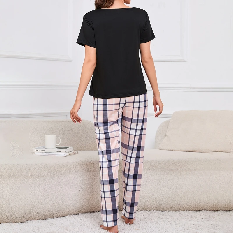 Women\'s Plaid Print Pajama Set Soft Micro Elasticity Polyester Fabric Autumn Short Sleeve Tee Tops & Pants Sleepwear Loungewear