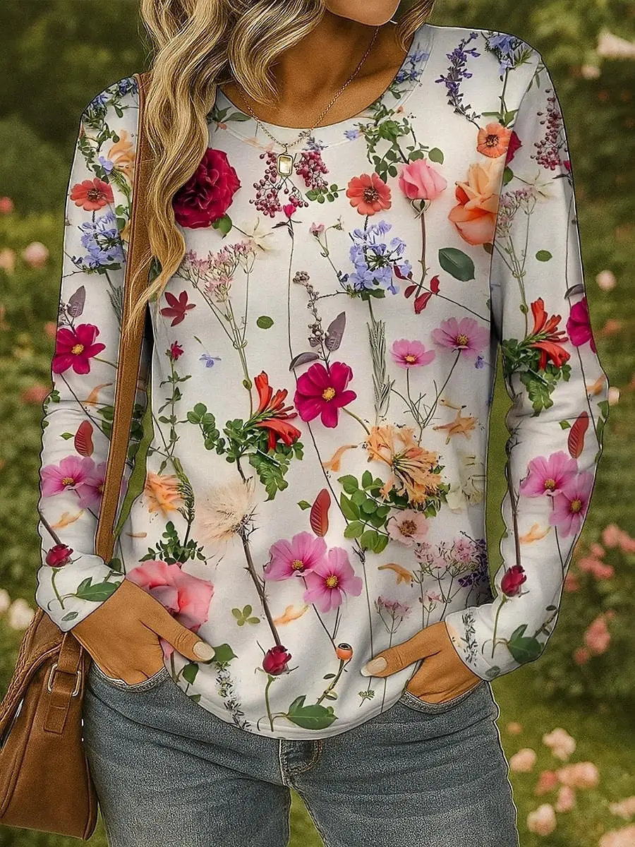 

Women's 3D Colorful Floral Print T-shirt Fashion Long Sleeve Round Neck Regular Tops Holiday Weekend Spring Autumn