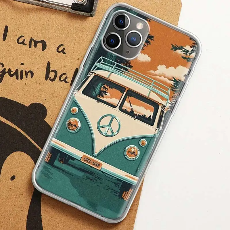 Hippie Peace Bus and Sunflower Case for iPhone 12 13 Mini 14 Plus 15 16 Pro Max 11 X XS Max Clear TPU Protective Phone