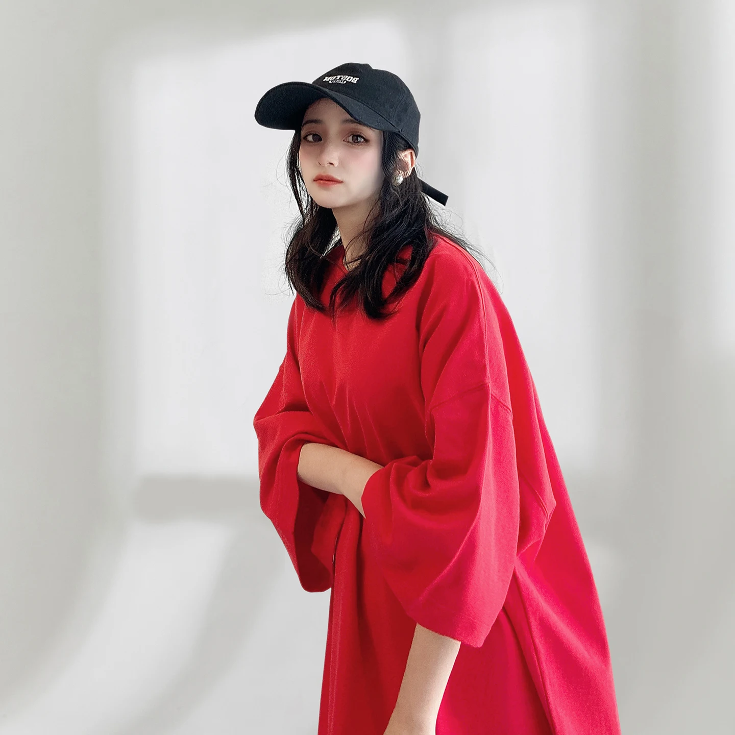 

Red Heavyweight Pure Cotton Oversize Mid-Length Butt Covering T-Shirt Short Sleeve Women's Loose Fit Summer Korean Style